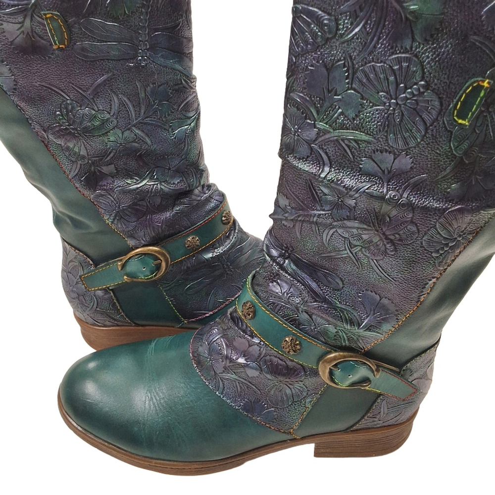 NWOT Leather Cowgirl Embossed Calf Boot~Peacock Green~Dragonfly~Whimsical~8.5 - Picture 6 of 7